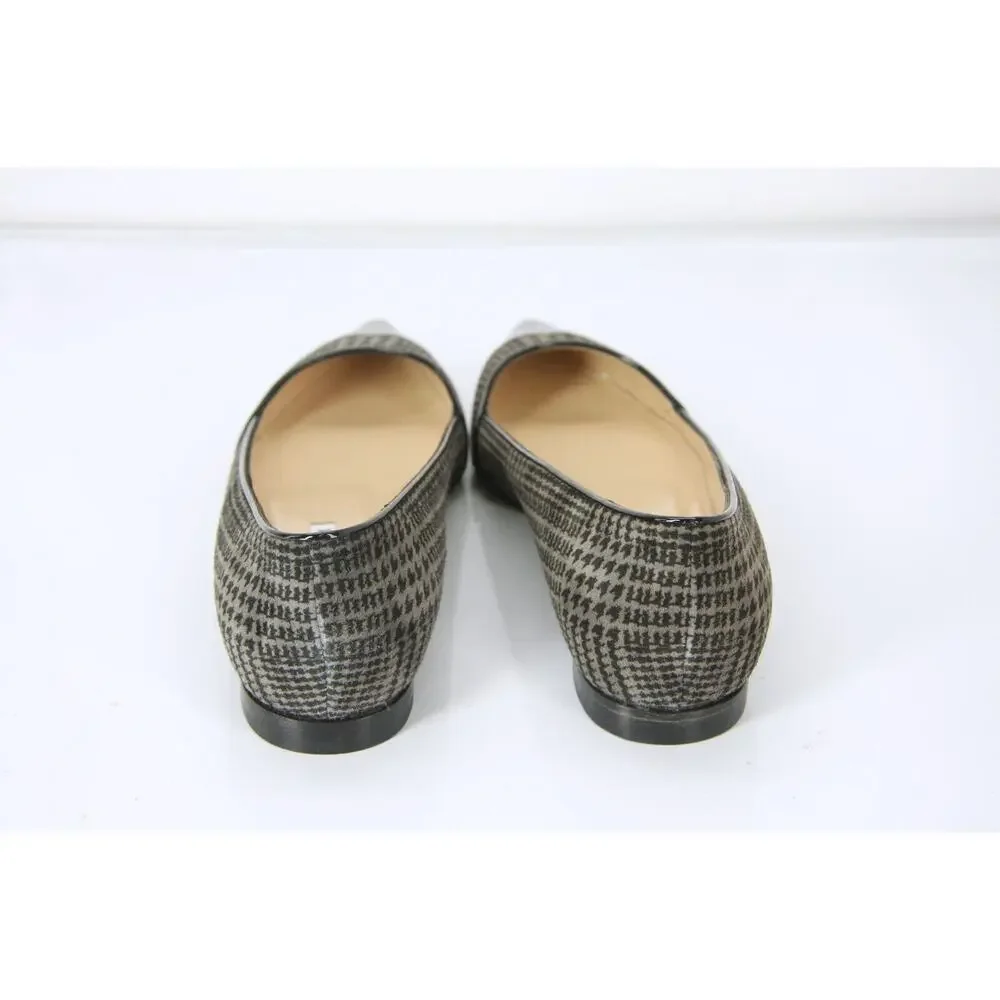 Manolo Blahnik Grey Houndstooth Tweed Ahalaya Cap Toe Ballet Flats